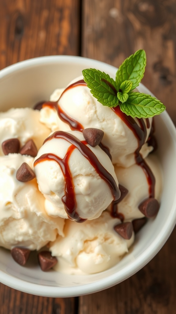 A bowl of vanilla ice cream with chocolate sauce and mint on a wooden table.